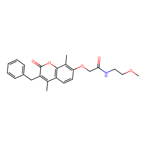 2-[(3-benzyl-4,8-dimethyl-2-oxo-2H-chromen-7-yl)oxy]-N-(2-methoxyethyl)acetamide structure