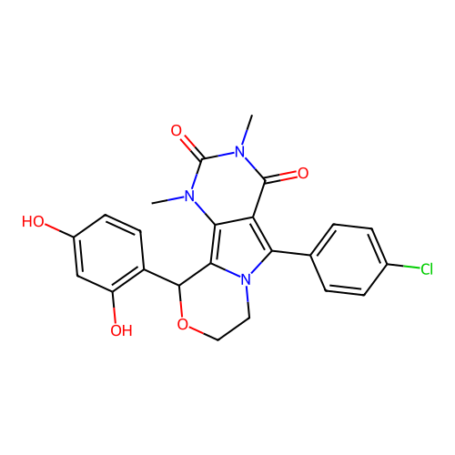 5-(4-chlorophenyl)-10-(2,4-dihydroxyphenyl)-1,3-dimethyl-1,7,8,10-tetrahydro-2H-pyrimido[4',5':3,4]pyrrolo[2,1-c][1,4]oxazine-2,4(3H)-dione structure
