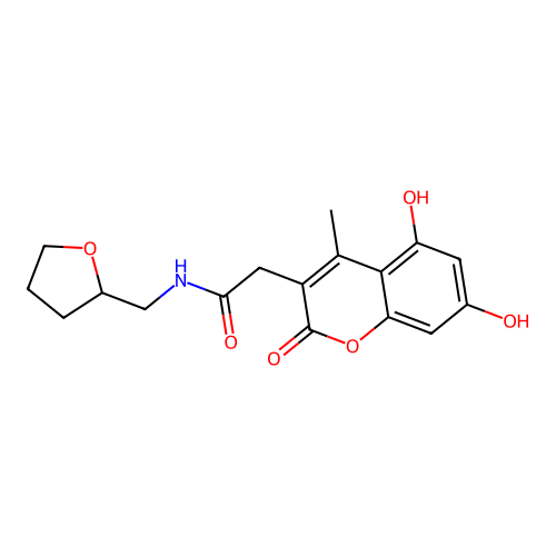 2-(5,7-dihydroxy-4-methyl-2-oxo-2H-chromen-3-yl)-N-(tetrahydrofuran-2-ylmethyl)acetamide structure
