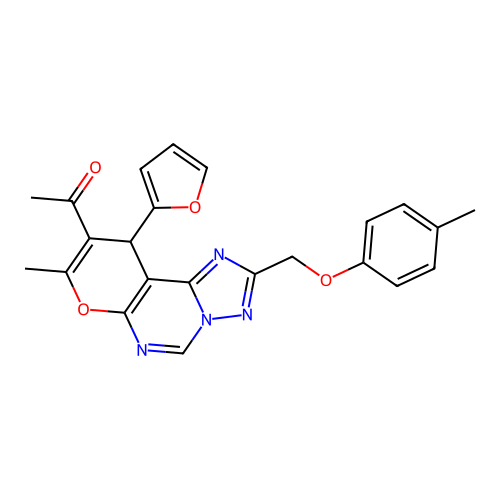 1-(10-(furan-2-yl)-8-methyl-2-((p-tolyloxy)methyl)-10H-pyrano[3,2-e][1,2,4]triazolo[1,5-c]pyrimidin-9-yl)ethanone structure