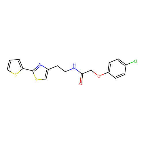 2-(4-chlorophenoxy)-N-{2-[2-(thiophen-2-yl)-1,3-thiazol-4-yl]ethyl}acetamide structure