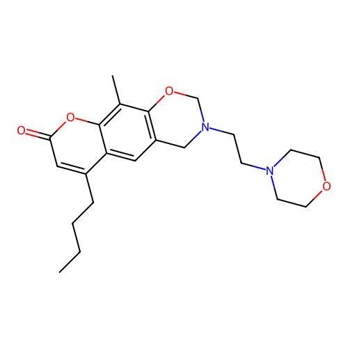 6-butyl-10-methyl-3-(2-morpholinoethyl)-3,4-dihydrochromeno[6,7-e][1,3]oxazin-8(2H)-one structure