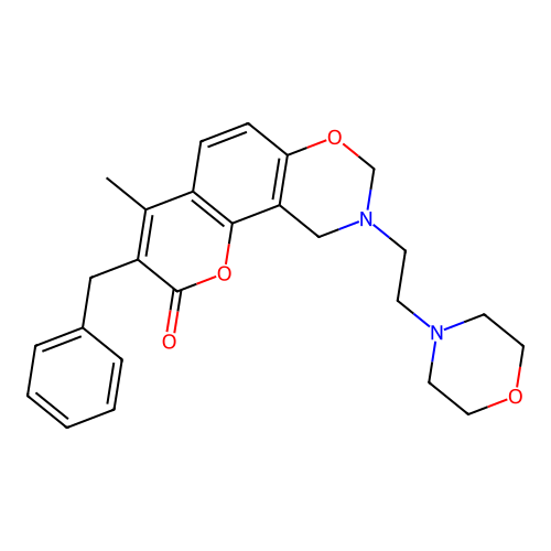 3-benzyl-4-methyl-9-(2-morpholinoethyl)-9,10-dihydrochromeno[8,7-e][1,3]oxazin-2(8H)-one structure