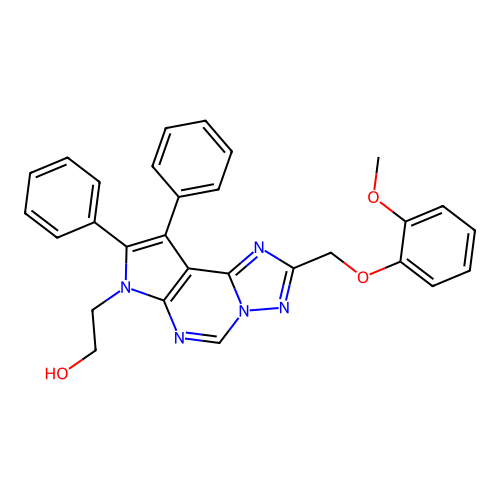 2-(2-((2-methoxyphenoxy)methyl)-8,9-diphenyl-7H-pyrrolo[3,2-e][1,2,4]triazolo[1,5-c]pyrimidin-7-yl)ethanol structure