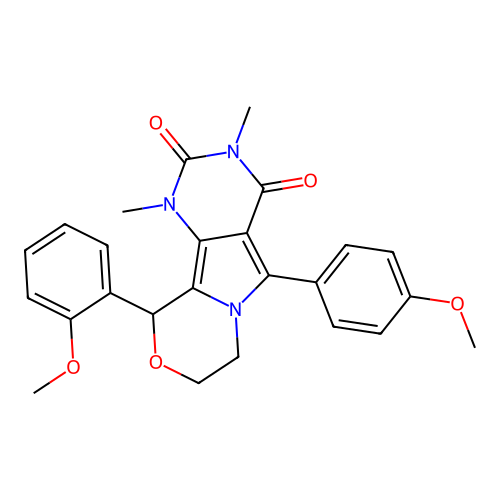 10-(2-methoxyphenyl)-5-(4-methoxyphenyl)-1,3-dimethyl-1,7,8,10-tetrahydro-2H-pyrimido[4',5':3,4]pyrrolo[2,1-c][1,4]oxazine-2,4(3H)-dione structure