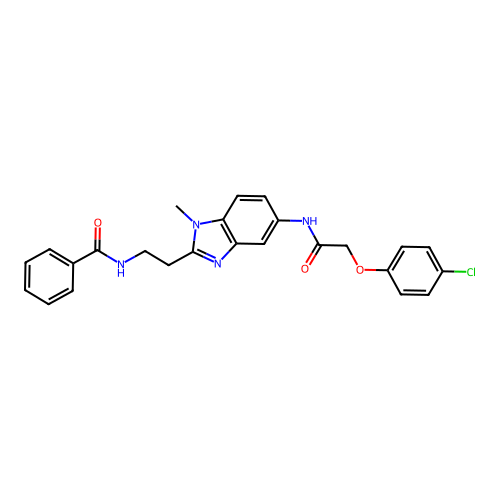 N-(2-(5-(2-(4-chlorophenoxy)acetamido)-1-methyl-1H-benzo[d]imidazol-2-yl)ethyl)benzamide structure