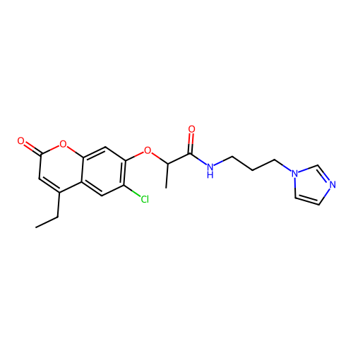 2-[(6-chloro-4-ethyl-2-oxo-2H-chromen-7-yl)oxy]-N-[3-(1H-imidazol-1-yl)propyl]propanamide structure