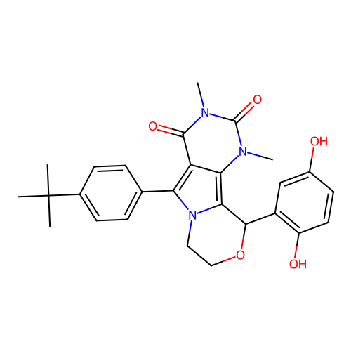 5-(4-(tert-butyl)phenyl)-10-(2,5-dihydroxyphenyl)-1,3-dimethyl-7,8-dihydro-1H-pyrimido[4',5':3,4]pyrrolo[2,1-c][1,4]oxazine-2,4(3H,10H)-dione structure