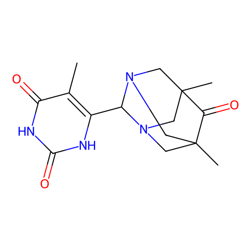 2-(6-hydroxy-5-methyl-2-oxo-2,3-dihydropyrimidin-4-yl)-5,7-dimethyl-1,3-diazatricyclo[3.3.1.1~3,7~]decan-6-one structure