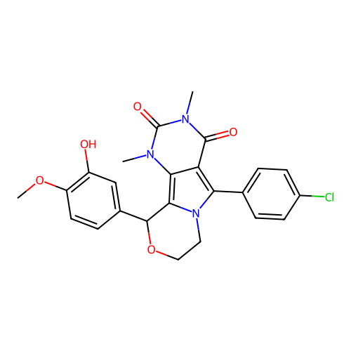 5-(4-chlorophenyl)-10-(3-hydroxy-4-methoxyphenyl)-1,3-dimethyl-1,7,8,10-tetrahydro-2H-pyrimido[4',5':3,4]pyrrolo[2,1-c][1,4]oxazine-2,4(3H)-dione structure