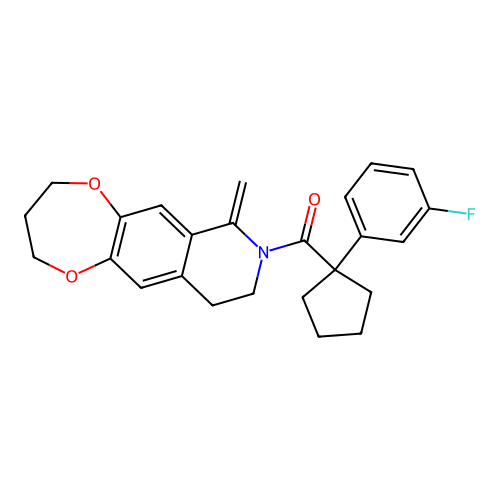 (1-(3-fluorophenyl)cyclopentyl)(7-methylene-3,4,9,10-tetrahydro-2H-[1,4]dioxepino[2,3-g]isoquinolin-8(7H)-yl)methanone structure