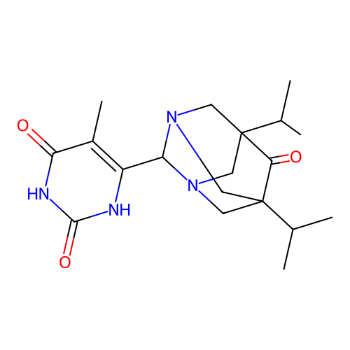 2-(6-hydroxy-5-methyl-2-oxo-2,3-dihydropyrimidin-4-yl)-5,7-di(propan-2-yl)-1,3-diazatricyclo[3.3.1.1~3,7~]decan-6-one structure