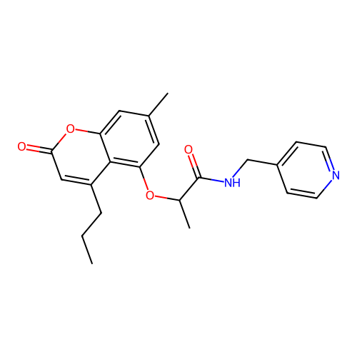 2-[(7-methyl-2-oxo-4-propyl-2H-chromen-5-yl)oxy]-N-(pyridin-4-ylmethyl)propanamide structure