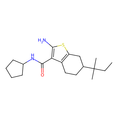2-amino-6-tert-amyl-N-cyclopentyl-4,5,6,7-tetrahydro-1-benzothiophene-3-carboxamide structure