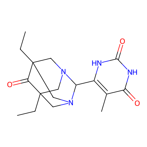 2-(2,6-dihydroxy-5-methylpyrimidin-4-yl)-5,7-diethyl-1,3-diazatricyclo[3.3.1.1~3,7~]decan-6-one structure