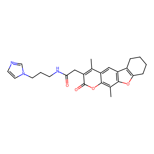 N-(3-(1H-imidazol-1-yl)propyl)-2-(4,11-dimethyl-2-oxo-6,7,8,9-tetrahydro-2H-benzofuro[3,2-g]chromen-3-yl)acetamide structure