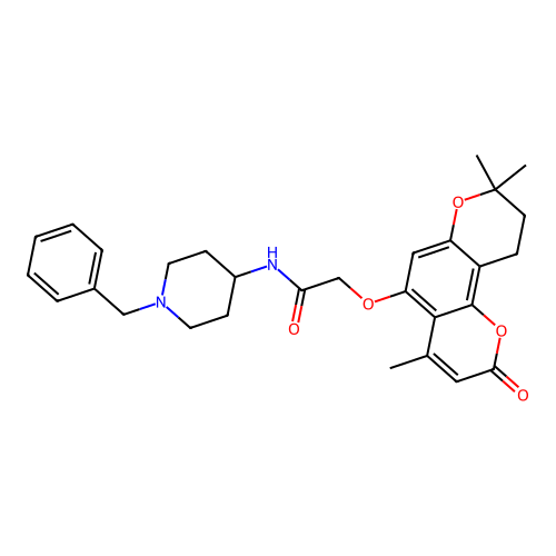 N-(1-benzylpiperidin-4-yl)-2-((4,8,8-trimethyl-2-oxo-2,8,9,10-tetrahydropyrano[2,3-f]chromen-5-yl)oxy)acetamide structure
