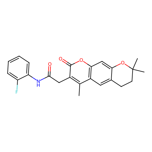 N-(2-fluorophenyl)-2-(4,8,8-trimethyl-2-oxo-2,6,7,8-tetrahydropyrano[3,2-g]chromen-3-yl)acetamide structure