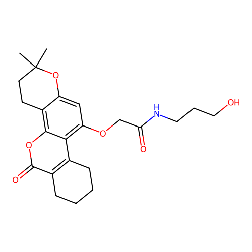 2-((2,2-dimethyl-6-oxo-2,3,4,6,7,8,9,10-octahydrobenzo[c]pyrano[2,3-h]chromen-11-yl)oxy)-N-(3-hydroxypropyl)acetamide structure