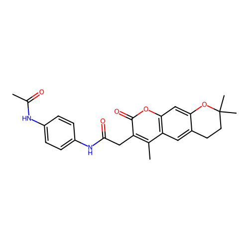 N-(4-acetamidophenyl)-2-(4,8,8-trimethyl-2-oxo-2,6,7,8-tetrahydropyrano[3,2-g]chromen-3-yl)acetamide structure