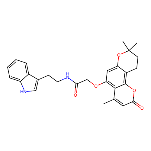 N-(2-(1H-indol-3-yl)ethyl)-2-((4,8,8-trimethyl-2-oxo-2,8,9,10-tetrahydropyrano[2,3-f]chromen-5-yl)oxy)acetamide structure