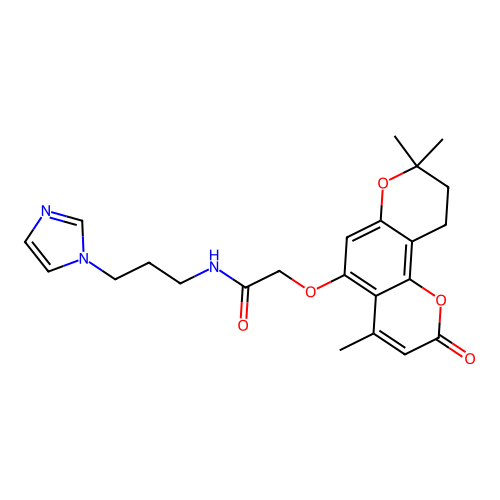 N-(3-(1H-imidazol-1-yl)propyl)-2-((4,8,8-trimethyl-2-oxo-2,8,9,10-tetrahydropyrano[2,3-f]chromen-5-yl)oxy)acetamide structure