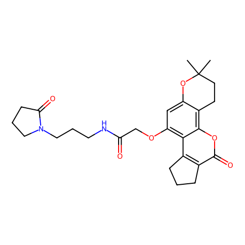 2-((2,2-dimethyl-6-oxo-3,4,6,7,8,9-hexahydro-2H-cyclopenta[c]pyrano[2,3-h]chromen-10-yl)oxy)-N-(3-(2-oxopyrrolidin-1-yl)propyl)acetamide structure