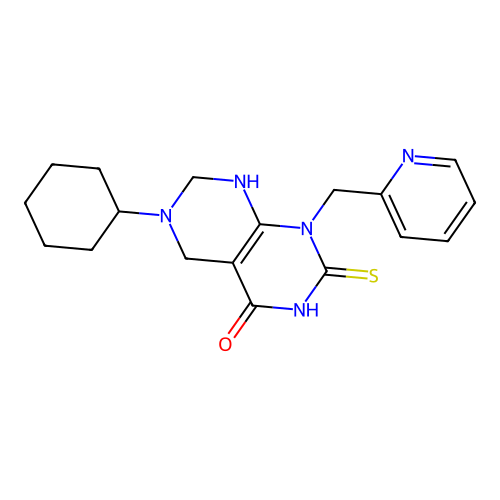 6-cyclohexyl-1-(pyridin-2-ylmethyl)-2-thioxo-2,3,5,6,7,8-hexahydropyrimido[4,5-d]pyrimidin-4(1H)-one structure