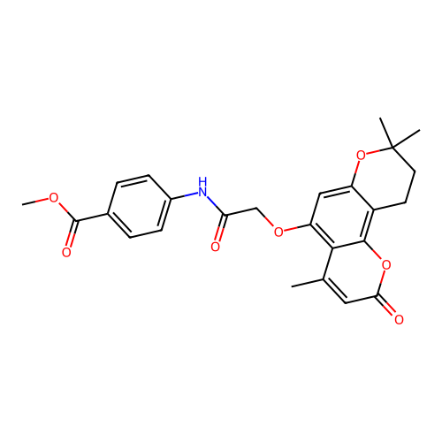 methyl 4-(2-((4,8,8-trimethyl-2-oxo-2,8,9,10-tetrahydropyrano[2,3-f]chromen-5-yl)oxy)acetamido)benzoate structure