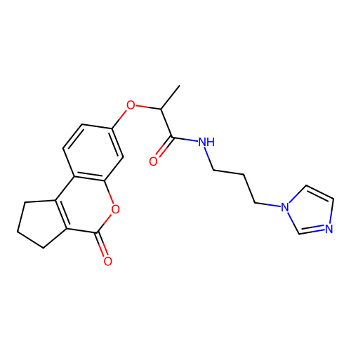 N-(3-(1H-imidazol-1-yl)propyl)-2-((4-oxo-1,2,3,4-tetrahydrocyclopenta[c]chromen-7-yl)oxy)propanamide structure