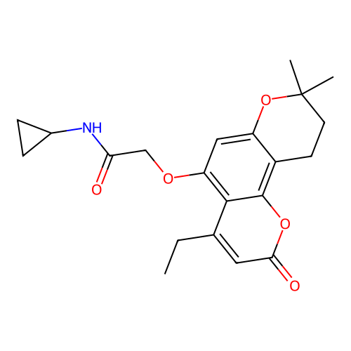 N-cyclopropyl-2-((4-ethyl-8,8-dimethyl-2-oxo-2,8,9,10-tetrahydropyrano[2,3-f]chromen-5-yl)oxy)acetamide structure