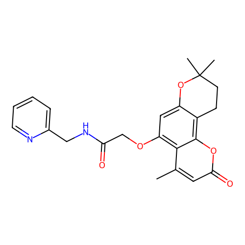 N-(pyridin-2-ylmethyl)-2-((4,8,8-trimethyl-2-oxo-2,8,9,10-tetrahydropyrano[2,3-f]chromen-5-yl)oxy)acetamide structure