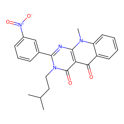 10-methyl-3-(3-methylbutyl)-2-(3-nitrophenyl)pyrimido[4,5-b]quinoline-4,5(3H,10H)-dione structure