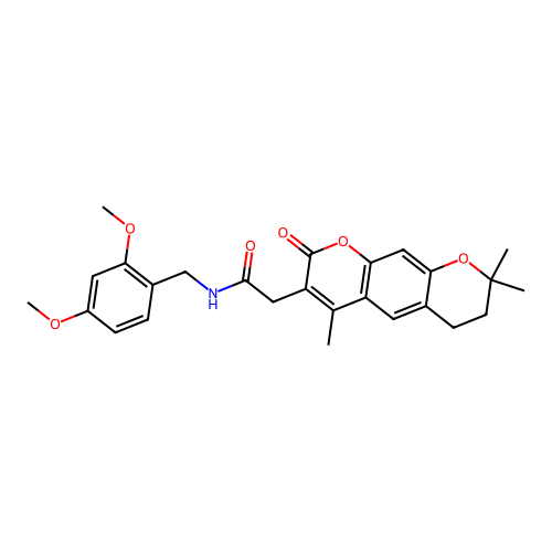 N-(2,4-dimethoxybenzyl)-2-(4,8,8-trimethyl-2-oxo-2,6,7,8-tetrahydropyrano[3,2-g]chromen-3-yl)acetamide structure