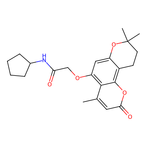 N-cyclopentyl-2-((4,8,8-trimethyl-2-oxo-2,8,9,10-tetrahydropyrano[2,3-f]chromen-5-yl)oxy)acetamide structure