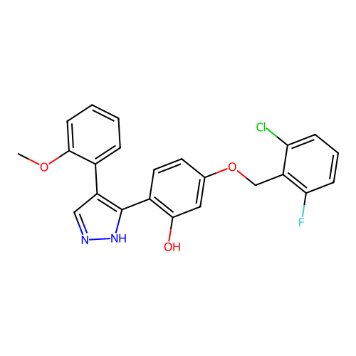 5-[(2-chloro-6-fluorobenzyl)oxy]-2-[4-(2-methoxyphenyl)-1H-pyrazol-3-yl]phenol structure
