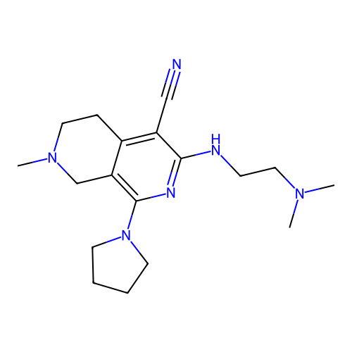 3-((2-(dimethylamino)ethyl)amino)-7-methyl-1-(pyrrolidin-1-yl)-5,6,7,8-tetrahydro-2,7-naphthyridine-4-carbonitrile structure