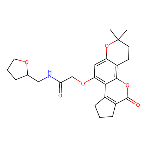 2-((2,2-dimethyl-6-oxo-3,4,6,7,8,9-hexahydro-2H-cyclopenta[c]pyrano[2,3-h]chromen-10-yl)oxy)-N-((tetrahydrofuran-2-yl)methyl)acetamide structure