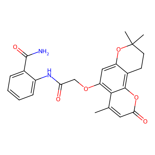 2-(2-((4,8,8-trimethyl-2-oxo-2,8,9,10-tetrahydropyrano[2,3-f]chromen-5-yl)oxy)acetamido)benzamide structure