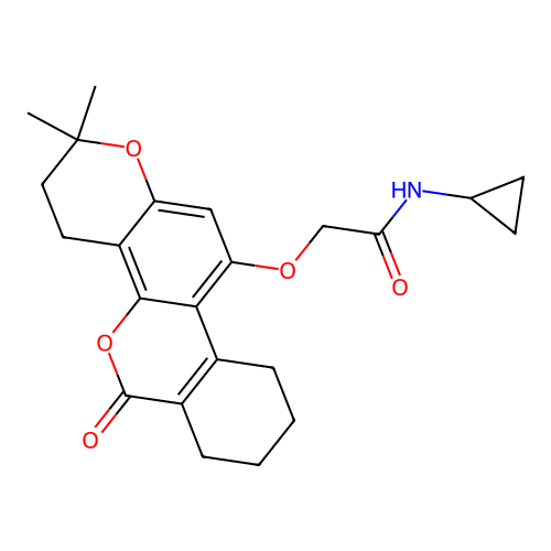 N-cyclopropyl-2-((2,2-dimethyl-6-oxo-2,3,4,6,7,8,9,10-octahydrobenzo[c]pyrano[2,3-h]chromen-11-yl)oxy)acetamide structure