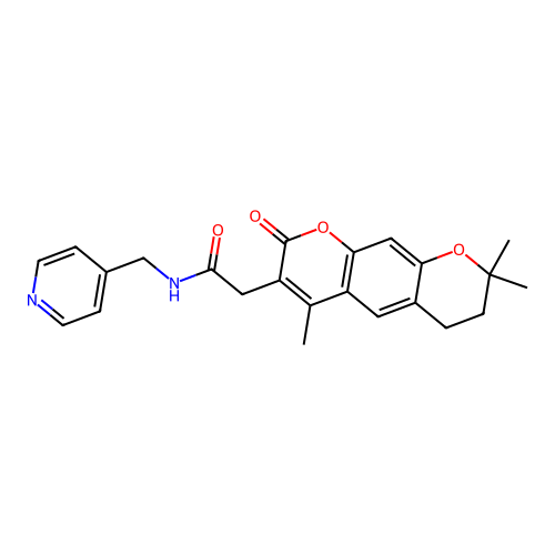 N-(pyridin-4-ylmethyl)-2-(4,8,8-trimethyl-2-oxo-2,6,7,8-tetrahydropyrano[3,2-g]chromen-3-yl)acetamide structure