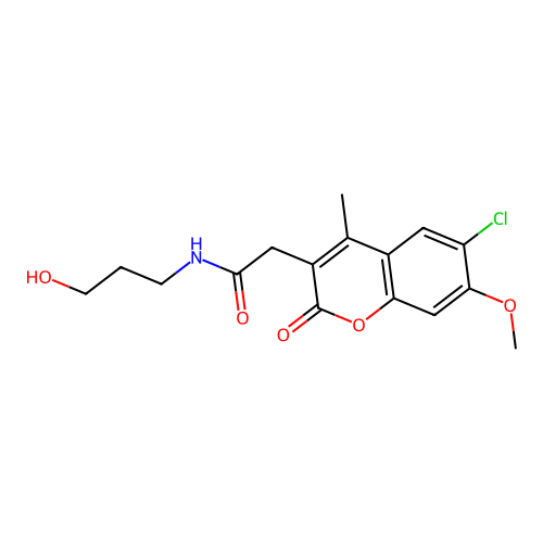2-(6-chloro-7-methoxy-4-methyl-2-oxo-2H-chromen-3-yl)-N-(3-hydroxypropyl)acetamide structure