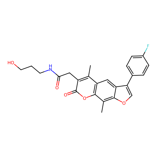 2-(3-(4-fluorophenyl)-5,9-dimethyl-7-oxo-7H-furo[3,2-g]chromen-6-yl)-N-(3-hydroxypropyl)acetamide structure