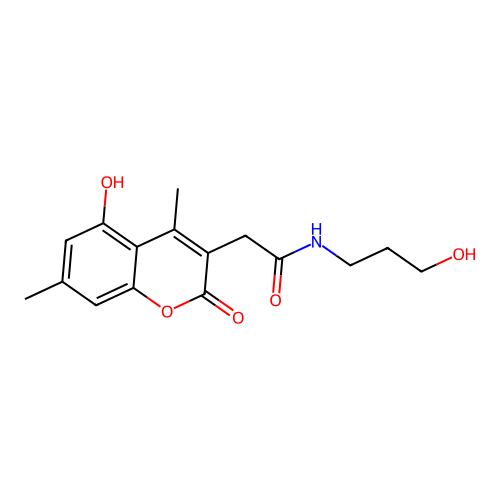 2-(5-hydroxy-4,7-dimethyl-2-oxo-2H-chromen-3-yl)-N-(3-hydroxypropyl)acetamide structure