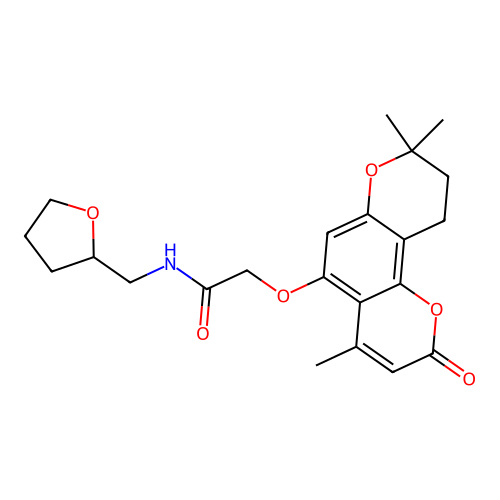N-((tetrahydrofuran-2-yl)methyl)-2-((4,8,8-trimethyl-2-oxo-2,8,9,10-tetrahydropyrano[2,3-f]chromen-5-yl)oxy)acetamide structure