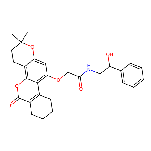 2-((2,2-dimethyl-6-oxo-2,3,4,6,7,8,9,10-octahydrobenzo[c]pyrano[2,3-h]chromen-11-yl)oxy)-N-(2-hydroxy-2-phenylethyl)acetamide structure