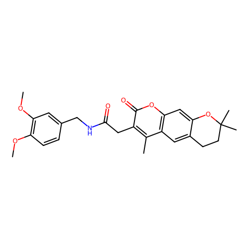 N-(3,4-dimethoxybenzyl)-2-(4,8,8-trimethyl-2-oxo-2,6,7,8-tetrahydropyrano[3,2-g]chromen-3-yl)acetamide structure