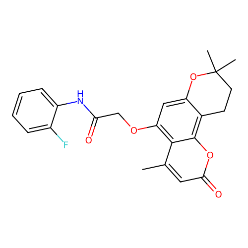 N-(2-fluorophenyl)-2-((4,8,8-trimethyl-2-oxo-2,8,9,10-tetrahydropyrano[2,3-f]chromen-5-yl)oxy)acetamide structure