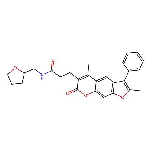 3-(2,5-dimethyl-7-oxo-3-phenyl-7H-furo[3,2-g]chromen-6-yl)-N-((tetrahydrofuran-2-yl)methyl)propanamide structure