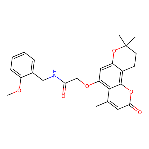 N-(2-methoxybenzyl)-2-((4,8,8-trimethyl-2-oxo-2,8,9,10-tetrahydropyrano[2,3-f]chromen-5-yl)oxy)acetamide structure